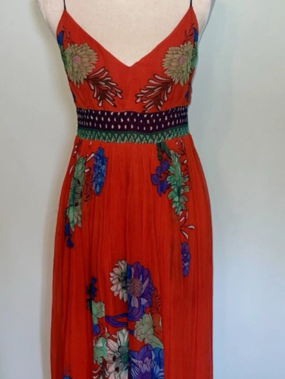 Maeve By Anthropologie Red Blue Floral Print Chiffon Maxi Dress Small - Picture 2 of 5